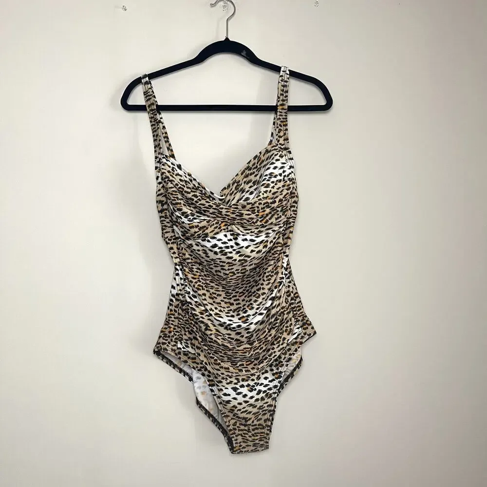 Emerald Bay‎ Leopard RUched SweetHeart Neckline Pull On One Piece Swimsuit Sz 14